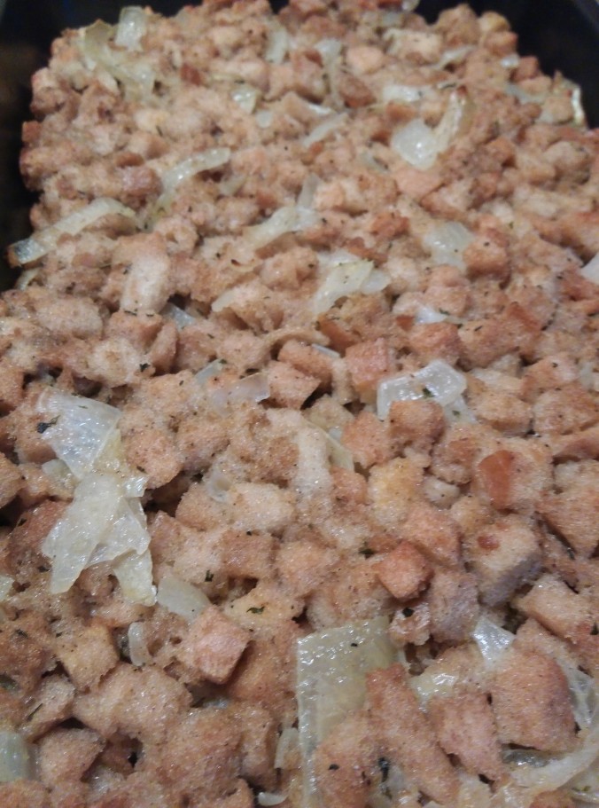 I baked this gluten free Glutino cornbread stuffing and added onions in.